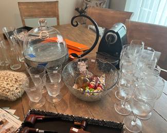 Wine Glasses, Glass Bowl, Vtg Christmas Ornaments 