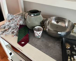 Ties, Metal Bowl with Handles, Ceramic Pitcher 