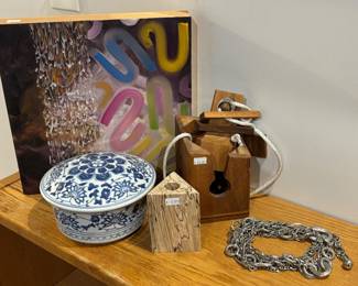 Wooden Candlestick Holder, Lidded Blue & White Jar