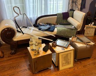 Chaise Lounge, Vtg Scripto Rotating Display Rack, Candlestick Holders 