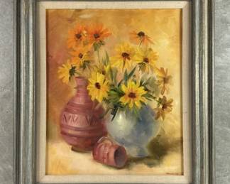 Signed Marie Hunter oil on canvas floral still life
