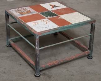 Vintage aluminum side table with decorative tile top with Picasso images