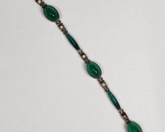 Vintage sterling silver, green glass cabochon, and clear glass bracelet