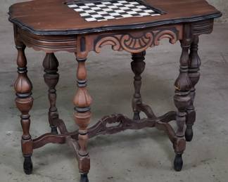 1930s carved walnut table with onyx chessboard