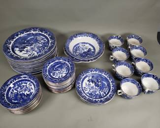 Set of vintage Burleigh Ware pottery "Willow" pattern dinnerware