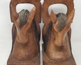 Pair of vintage carved wood horse bookends