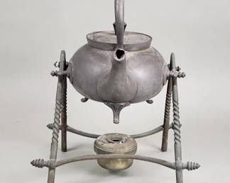 Victorian pewter tea pot spirit kettle on pouring stand