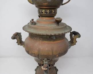 Antique copper samovar with drip tray