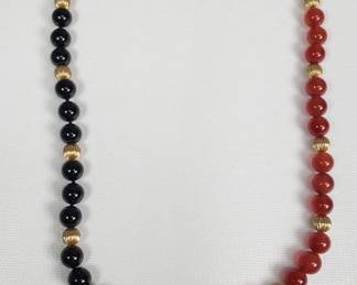 14k gold, onyx, and red carnelian bead necklace