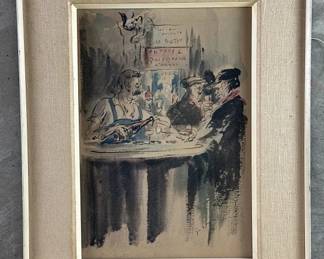 Signed watercolor on paper, "Le Bistro"