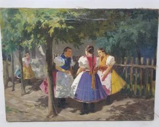 Signed Gyula Gyertyáni Németh (1892-1946) "Girls in the Village Square" oil on canvas