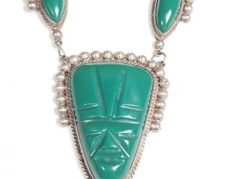 Vintage Mexican sterling silver and hand-carved green onyx mask pendant necklace