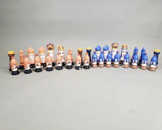 Group of ceramic figural chess pieces