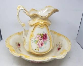 Vintage ceramic floral pitcher and wash basin