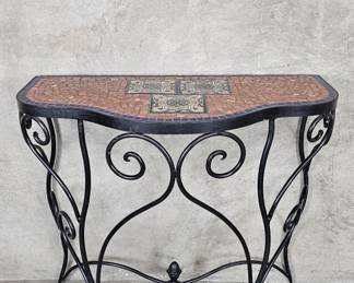Mosaic tile top console table with wrought iron