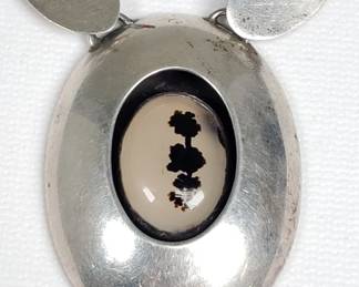 Joan Bazzel sterling silver and Montana scenic agate pendant necklace, signed