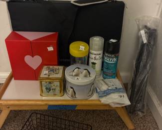 Art supplies, painters bag, fancy tins, acrylic spray, glow in the dark spray paint 