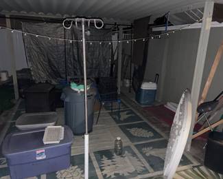 IV pole, outside rugs, igloo ice cooler, bench, garden furniture 