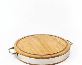 Round Wooden Cutting Board with Stainless Steel Rim and Handles