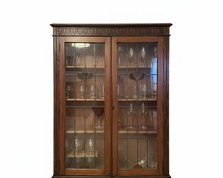 Antique Arts and Crafts Oak Display Cabinet with Leaded Glass Doors