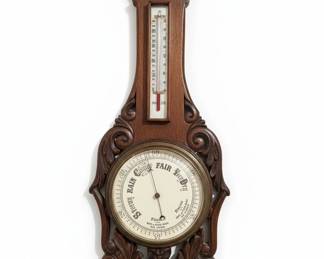 Antique Carved Oak Banjo Barometer and Thermometer