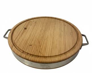 Round Wooden Cutting Board with Stainless Steel Rim and Handles