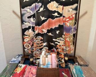 Exquisite hand made and hand painted kimono, antique kimono stand