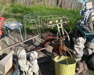 Plant stands, vintage tricycle, garden cement figures