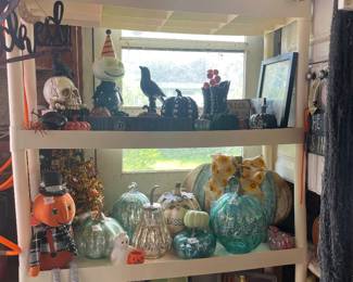 Glass pumpkins, Halloween decorations, crows, skulls, witches