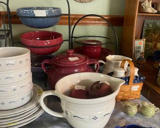 Longaberger stoneware mixing bowl handle and spout, pitcher, crock canister, salt and pepper shakers, Longaberger 3-tier wrought iron holder