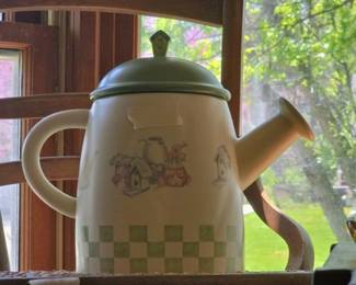 Sonoma Home Goods "In The Garden" birdhouse and watering can themed ceramic cookie jar with a green lid
