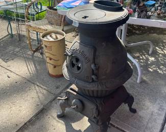 Pot Belly Stove, metal garden chair, metal bench