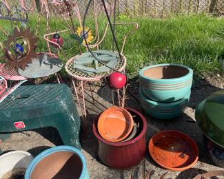 Flower pots, vintage metal chair