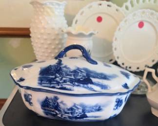 antique or vintage Flow Blue transferware lidded serving dish