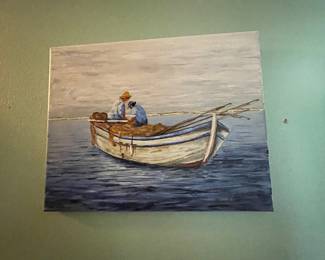 Hand painted art canvas fisherman in row boat 