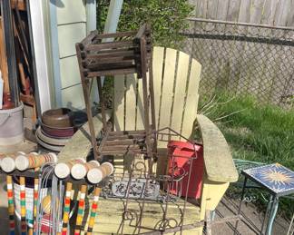 Croquet set, wood garden chair, plant stands