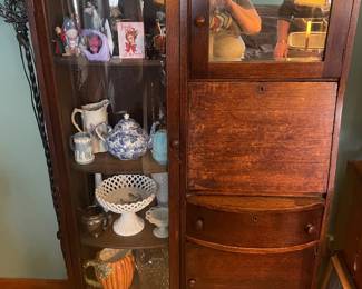 Antique side-by-side desk and hutch combo display curio cabinet secretary desk storage curved glass
