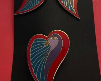 Vintage Laurel Burch enamel jewelry, “Dove Heart” earrings and matching brooch