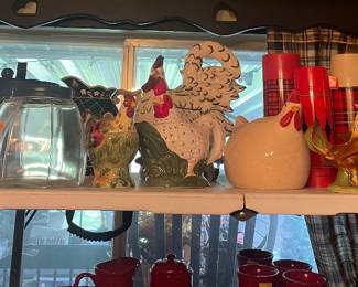Pyrex glass, rooster cookie jar, coffee thermos, vintage jars