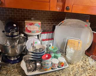 Kitchen Aid Mixer, scale, dishes