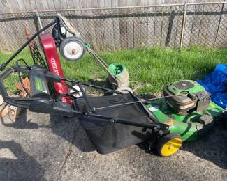 John Deere push mower, Radio Flyer wagon