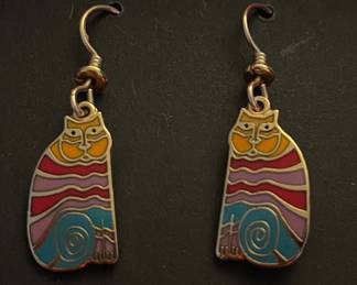 Vintage Laurel Burch enamel jewelry, rainbow kitty cat earrings