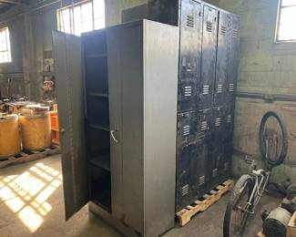 two sets of two-tiered storage lockers, metal storage cabinet with lock