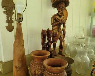 Vintage cypress knee lamp & Haitian wooden items