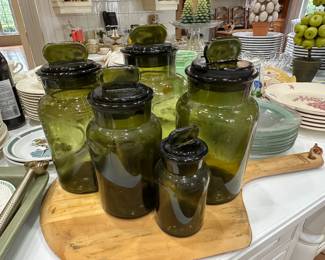 Green glass apothecary jars