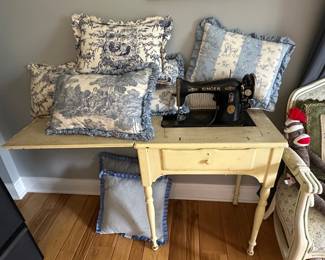Antique Singer sewing machine and cabinet - throw pillows