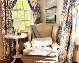 Draperies, Wingback Chair, original oil paintings