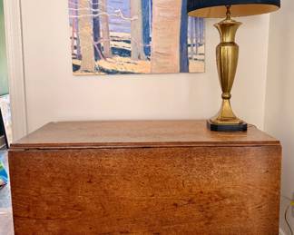 Antique drop leaft table, Paula Wachsstock original oil on canvas and a stunning pair of brass lammpsp