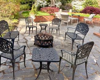 Cast outdoor seating - benches, chairs, tables, firepit and barcarts