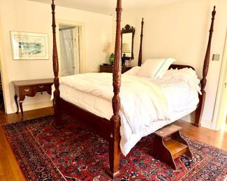 Queen Rice Bed, antique rugs, 18th Century lowboy, Alfred Birdsey originals